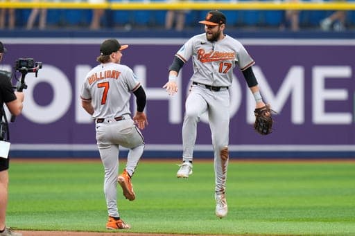 Baltimore Orioles center fielder Colton Cowser (17) and second baseman Jackson Holliday (7) celebrate after the team defeated the Tampa Bay Rays during a baseball game Sunday, Aug. 16, 2026, in St. Petersburg, Fla. (AP Photo/Chris O'Meara) (AP Photo/Chris O'Meara)