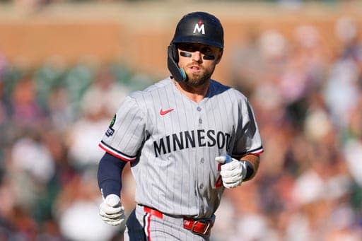 Minnesota Twins' Kody Clemens walks against the Detroit Tigers during the ninth inning of a baseball game Monday, Sept. 7, 2026, in Detroit. (AP Photo/Paul Sancya) (AP Photo/Paul Sancya)
