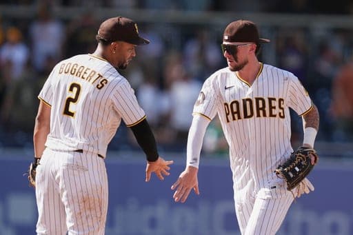 San Diego Padres center fielder Jackson Merrill, right, celebrates with shortstop Xander Bogaerts after the Padres defeated the Pittsburgh Pirates 3-0 in a baseball game Wednesday, Aug. 26, 2026, in San Diego. (AP Photo/Gregory Bull) (AP Photo/Gregory Bull)
