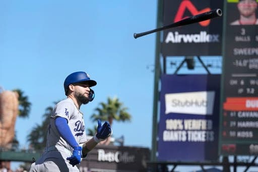 Los Angeles Dodgers' Andy Pages throws his bat after hitting a three-run home run against the San Francisco Giants during the 10th inning of a baseball game Sunday, Sept. 27, 2026, in San Francisco. (AP Photo/Tony Avelar) (AP Photo/Tony Avelar)