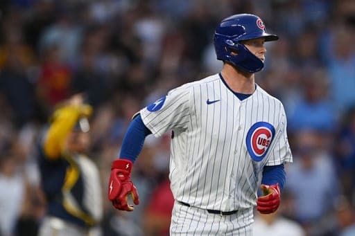 Chicago Cubs' Pete Crow-Armstrong watches his two-run home run during the third inning of a baseball game against the Milwaukee Brewers in Chicago, Thursday, Sept. 3, 2026. (AP Photo/Paul Beaty) (AP Photo/Paul Beaty)