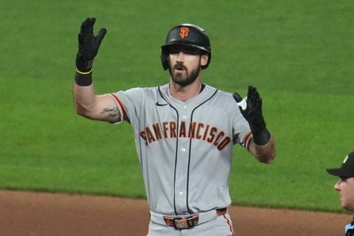 San Francisco Giants' Bryce Eldridge celebrates on second base after hitting a double off Pittsburgh Pirates pitcher Camilo Doval, driving in a run, during the tenth inning of a baseball game in Pittsburgh, Wednesday, Sept. 2, 2026. (AP Photo/Gene J. Puskar) (AP Photo/Gene J. Puskar)