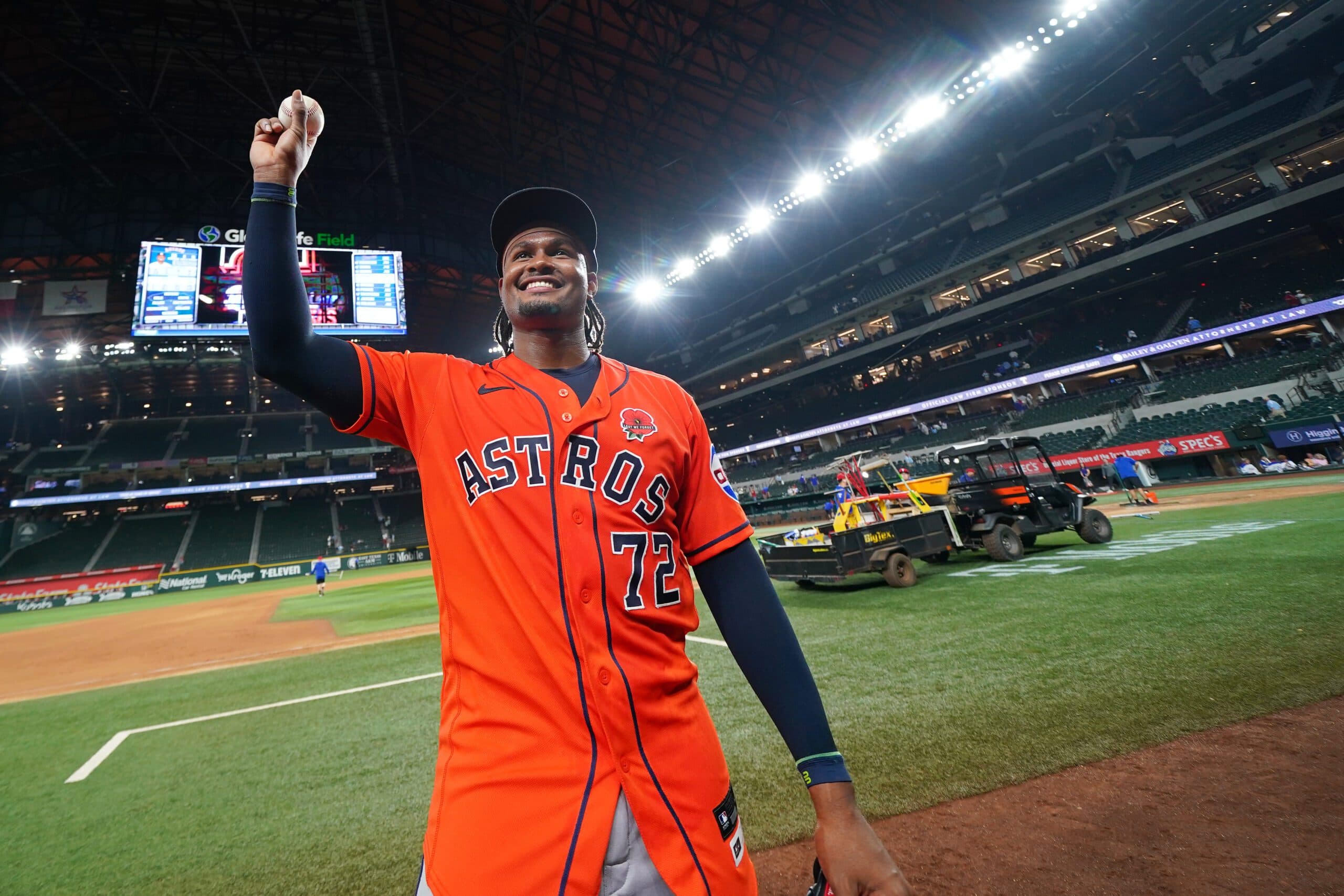 Houston Astros pitcher Alimber Santa reacts after he helped his team earn a combined no-hitter during his major league debut in a baseball game against the Texas Rangers, Monday, May 25, 2026, in Arlington, Texas. (AP Photo/Julio Cortez)