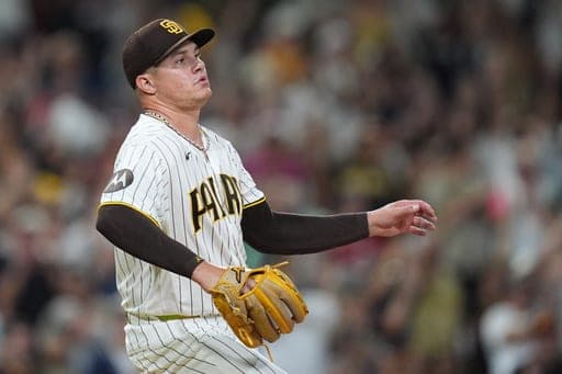 San Diego Padres pitcher Adrian Morejon celebrates after the Padres defeated the Washington Nationals 5-4 in a baseball game Tuesday, Sept. 8, 2026, in San Diego. (AP Photo/Gregory Bull) (AP Photo/Gregory Bull)