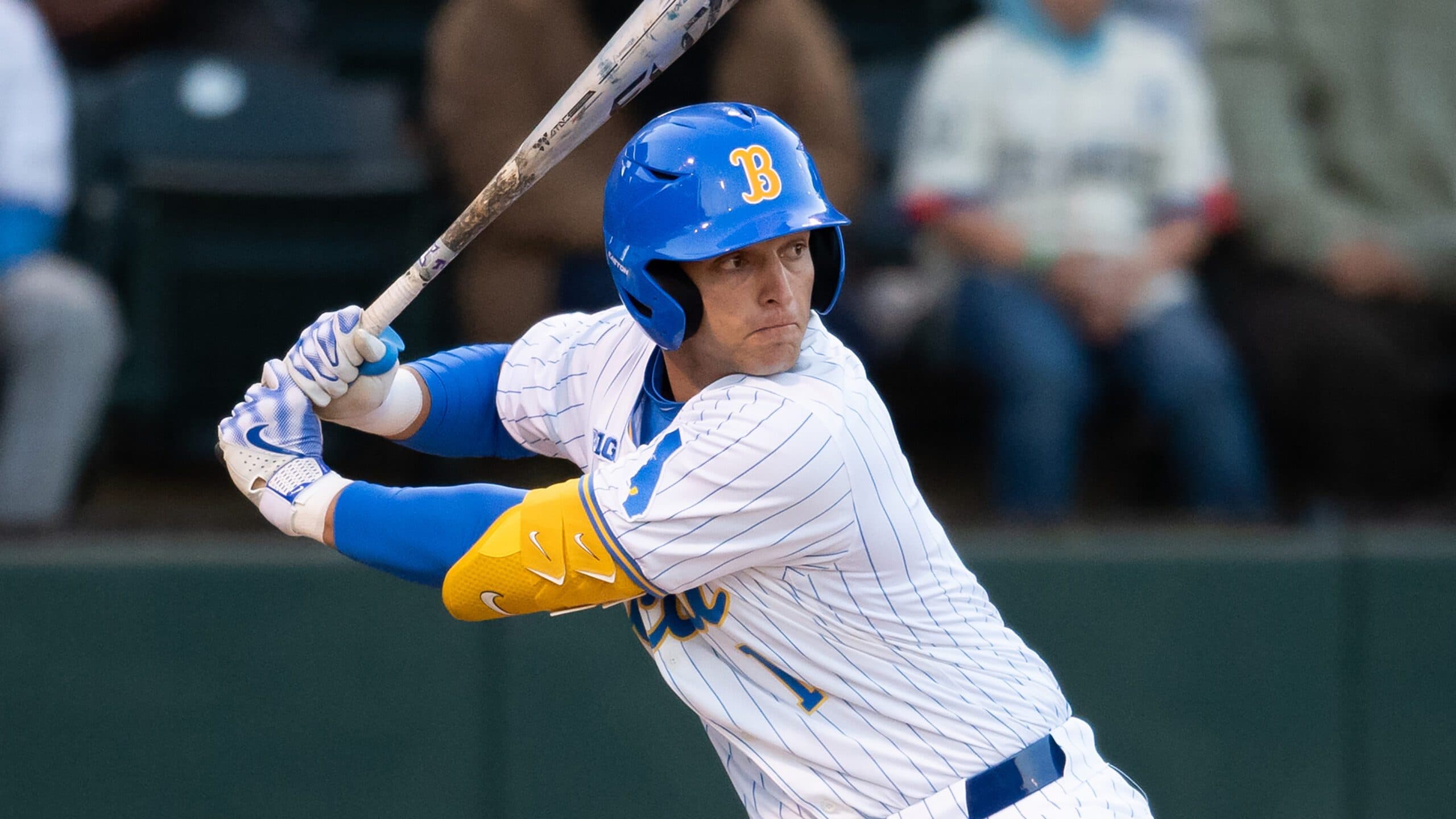UCLA's Roch Cholowsky bats during an NCAA baseball game against Texas Christian on Friday, Feb. 20, 2025, in Los Angeles. (AP Photo/Kyusung Gong)
