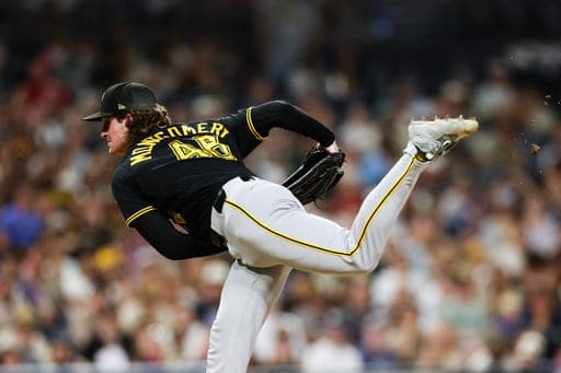 Pittsburgh Pirates' Mason Montgomery follows though on a pitch against the San Diego Padres in the ninth inning of a baseball game Tuesday, Aug. 25, 2026, in San Diego. (AP Photo/Derrick Tuskan) (AP Photo/Derrick Tuskan)
