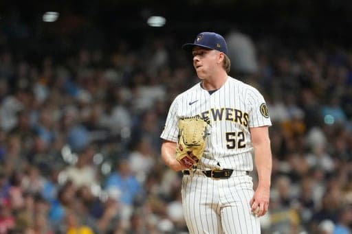Milwaukee Brewers' Kyle Harrison looks on during the eighth inning of a baseball game against the Cincinnati Reds, Saturday, Sept. 12, 2026, in Milwaukee. (AP Photo/Aaron Gash) (AP Photo/Aaron Gash)