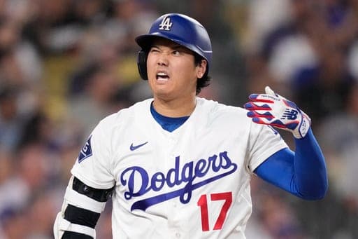 Los Angeles Dodgers' Shohei Ohtani reacts after hitting a foul ball during the fourth inning of a baseball game against the Pittsburgh Pirates, Friday, Aug. 21, 2026, in Los Angeles. (AP Photo/Mark J. Terrill) (AP Photo/Mark J. Terrill)