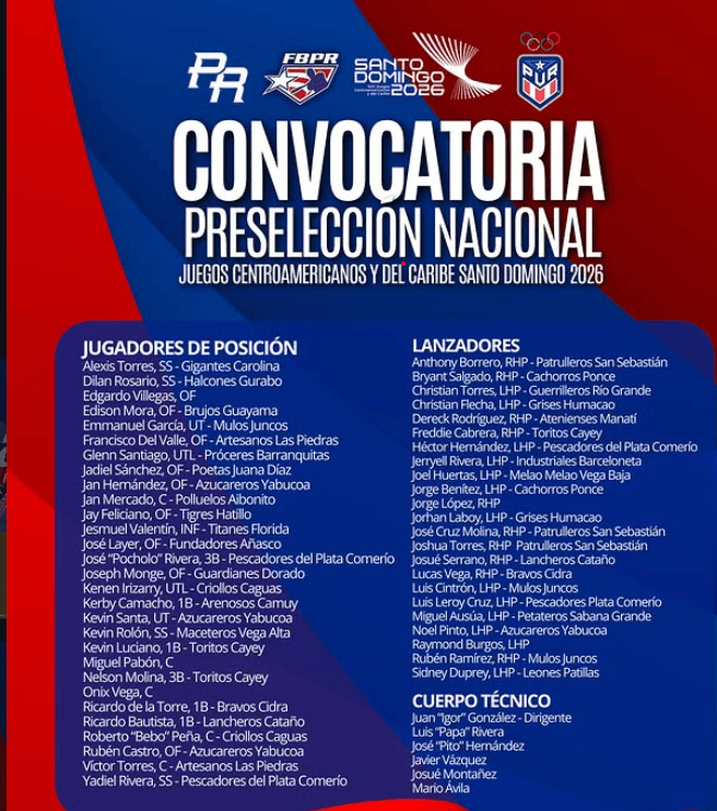 Puerto Rico Announces Pre-Selection Roster for 2026 Central American and Caribbean Games in Santo Domingo