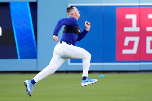 Los Angeles Dodgers pitcher Tarik Skubal warms up during practice ahead of a baseball NL Division Series Friday, Oct. 2, 2026, in Los Angeles. (AP Photo/Mark J. Terrill) (AP Photo/Mark J. Terrill)