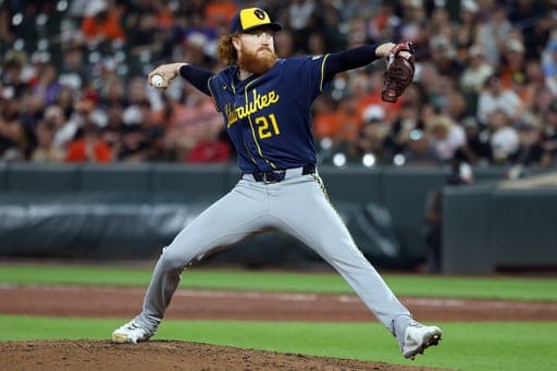 Milwaukee Brewers pitcher Dustin May throws during the second inning of a baseball game against the Baltimore Orioles, Friday, Sept. 18, 2026, in Baltimore. (AP Photo/Daniel Kucin Jr.) (AP Photo/Daniel Kucin Jr.)