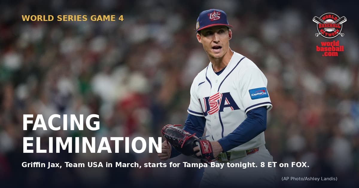 Griffin Jax, in a Team USA uniform, reacts on the mound after finishing the eighth inning against Mexico at the World Baseball Classic in Houston.