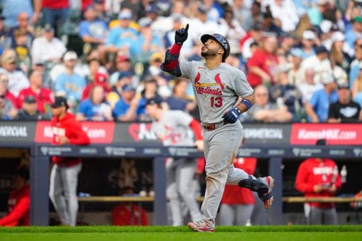 St. Louis Cardinals' Leo Bernal reacts after hitting a three-run home run during the eighth inning of a baseball game against the Milwaukee Brewers, Sunday, Sept. 27, 2026, in Milwaukee. (AP Photo/Kayla Wolf) (AP Photo/Kayla Wolf)