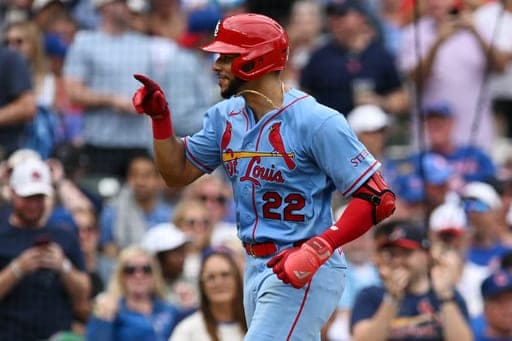 St. Louis Cardinals' Joshua Baez (22) celebrates after hitting a two-run home run during the sixth inning of a baseball game against the Chicago Cubs in Chicago, Saturday, Aug. 15, 2026. (AP Photo/Paul Beaty) (AP Photo/Paul Beaty)