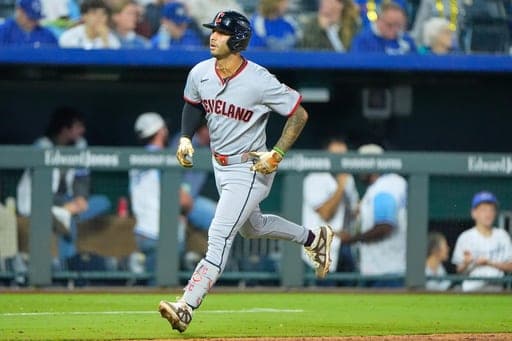 Cleveland Guardians' Brayan Rocchio runs the bases after hitting a solo home run during the seventh inning of a baseball game against the Kansas City Royals, Saturday, Sept. 26, 2026, in Kansas City, Mo. (AP Photo/Charlie Riedel) (AP Photo/Charlie Riedel)