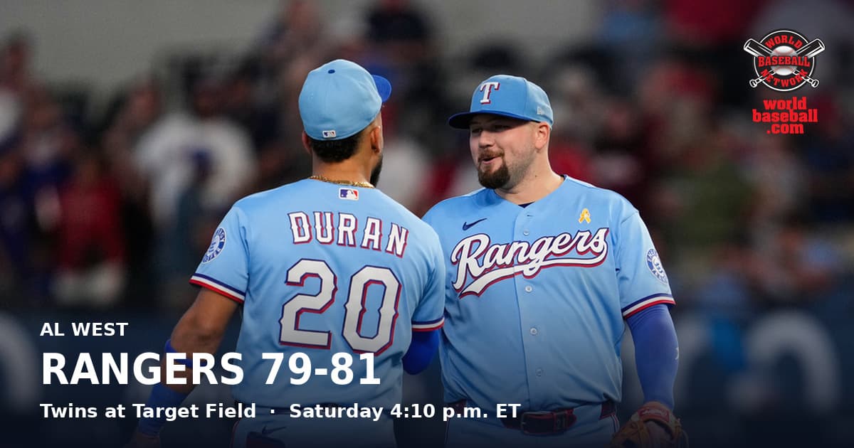 Rangers infielders Ezequiel Durán and Jake Burger celebrate a win over the Rays at Globe Life Field.