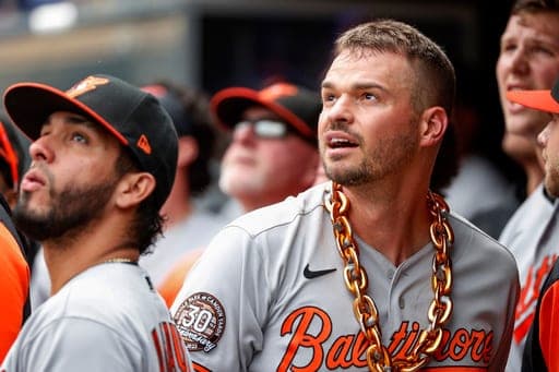 FILE - Baltimore Orioles' Trey Mancini celebrates with a chain around his neck after hitting a solo home run against the Minnesota Twins and watches another go out by Ryan Mountcastle in the sixth inning of a baseball game, July 3, 2022, in Minneapolis. (AP Photo/Bruce Kluckhohn, File) (AP Photo/Bruce Kluckhohn)
