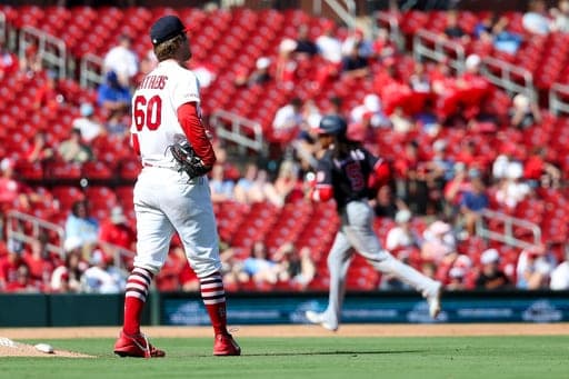 St. Louis Cardinals starting pitcher Quinn Mathews (60) pauses at the back of the mound after giving up a two-run home run to Washington Nationals' CJ Abrams during the sixth inning of a baseball game Sunday, Sept. 20, 2026, in St. Louis. (AP Photo/Scott Kane) (AP Photo/Scott Kane)