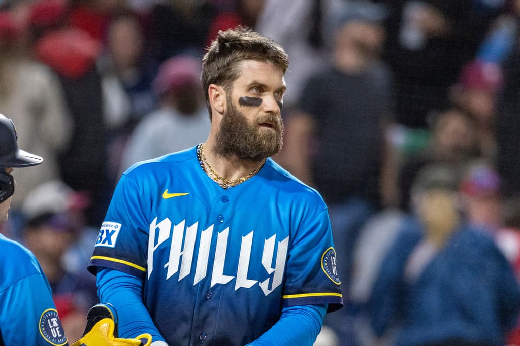 Philadelphia Phillies first baseman Bryce Harper takes the field during a baseball game against the Tampa Bay Rays
