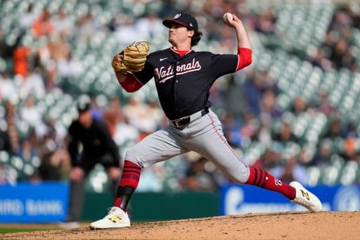 Washington Nationals pitcher Erik Tolman throws against the Detroit Tigers during the eighth inning of a baseball game Wednesday, Sept. 23, 2026, in Detroit. (AP Photo/Paul Sancya) (AP Photo/Paul Sancya)
