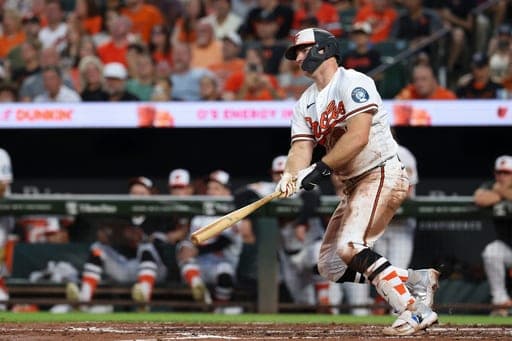 Baltimore Orioles' Pete Alonso watches his double off Tampa Bay Rays pitcher Shane McClanahan during the third inning of baseball game in Baltimore, Saturday, Aug. 22, 2026. (AP Photo/Terrance Williams) (AP Photo/Terrance Williams)