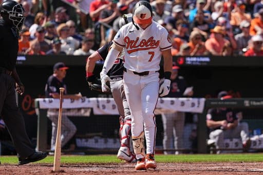 Baltimore Orioles' Jackson Holliday (7) throws his bat on the ground after striking out swinging with the bases loaded during the third inning of a baseball game against the Cleveland Guardians, Monday, Sept. 7, 2026, in Baltimore. (AP Photo/Stephanie Scarbrough) (AP Photo/Stephanie Scarbrough)
