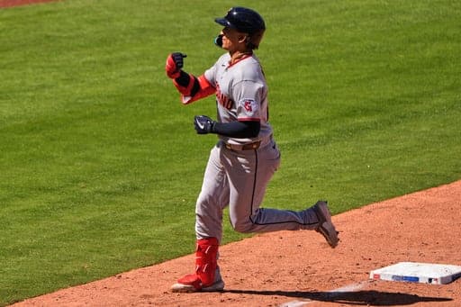 FILE - Cleveland Guardians' Bo Naylo celebrates as he runs the bases after hitting a three-run home run during the seventh inning of a baseball game against the Kansas City Royals, Thursday, May 7, 2026, in Kansas City, Mo. (AP Photo/Charlie Riedel,File) (AP Photo/Charlie Riedel)
