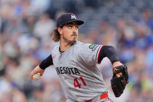 FILE - Minnesota Twins starting pitcher Joe Ryan throws during the first inning of a baseball game against the Kansas City Royals, Aug. 4, 2026, in Kansas City, Mo. (AP Photo/Charlie Riedel, File) (AP Photo/Charlie Riedel)