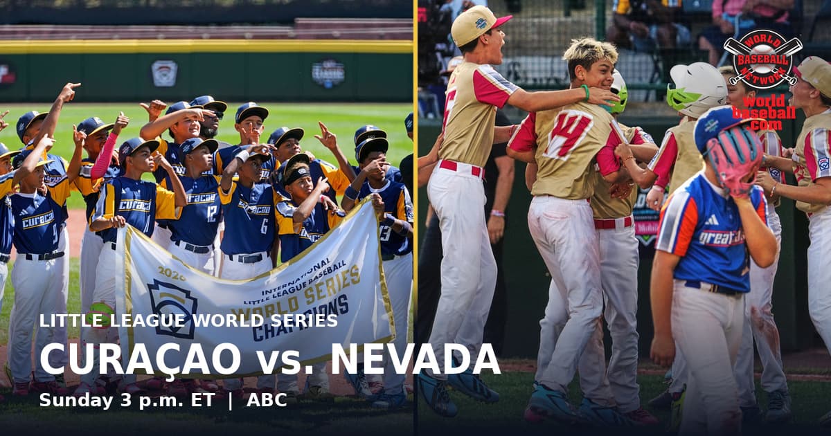 Nevada players in tan and red uniforms leap and embrace after the game-ending run, as a Hamilton, Ohio, player in blue walks off in the foreground.