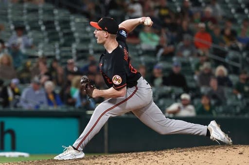 Baltimore Orioles pitcher Alex Hoppe throws to the Athletics during the 10th inning of a baseball game Friday, Aug. 28, 2026, in West Sacramento, Calif. (AP Photo/Sara Nevis) (AP Photo/Sara Nevis)