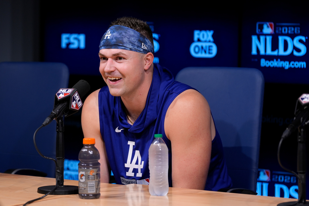 Dodgers left-hander Tarik Skubal speaks at a news conference before the National League Division Series.