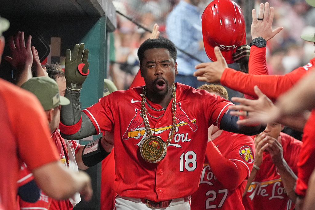 Jordan Walker congratulated after a home run against the Royals
