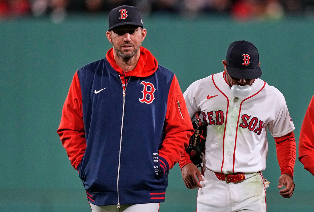  Boston Red Sox's Ceddanne Rafaela blows a bubble 