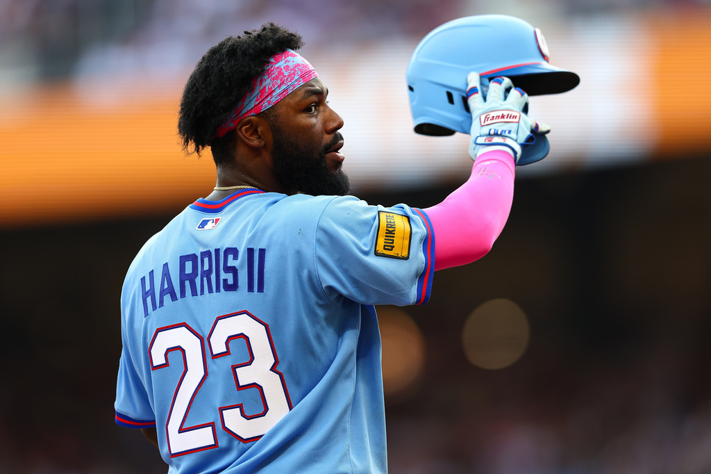 Braves center fielder Michael Harris II reacts during a game against the Rockies.