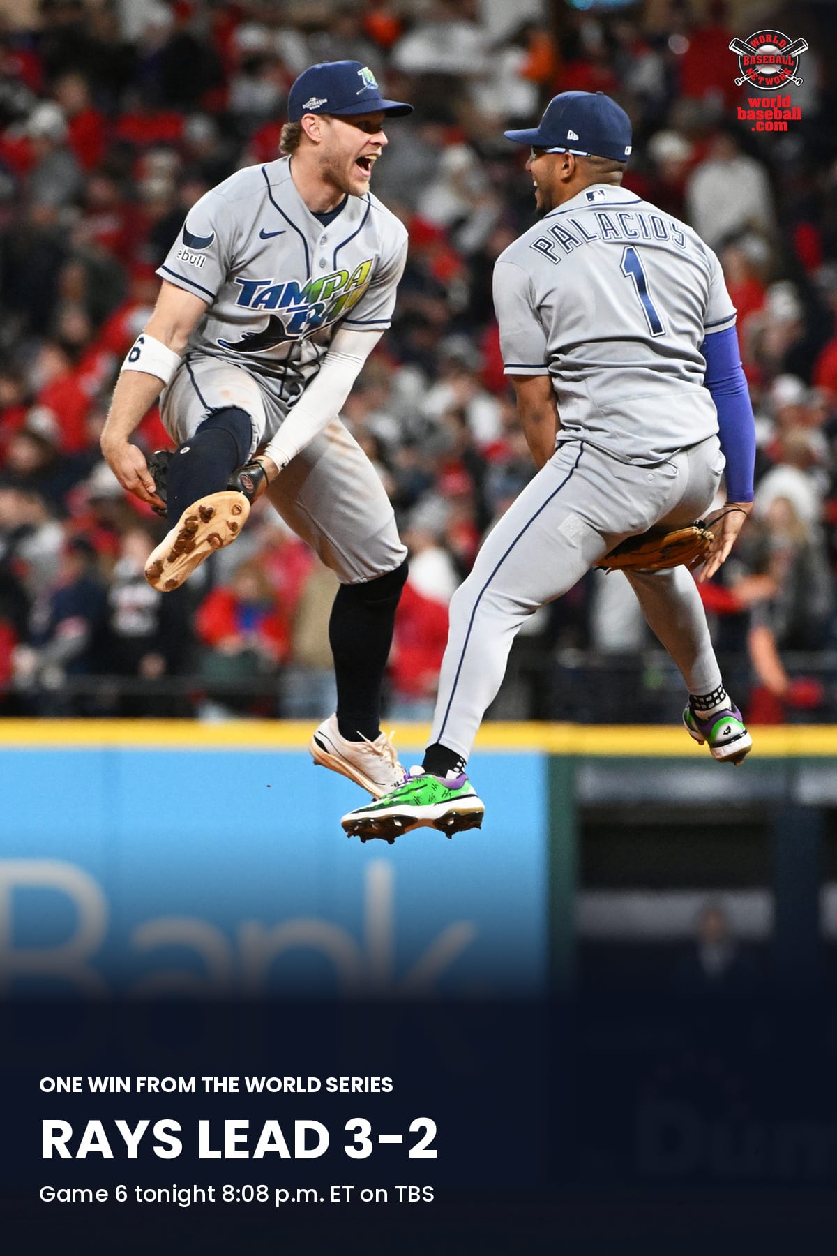 Rays shortstop Taylor Walls and second baseman Richie Palacios leap and bump into each other in midair, both grinning, after beating Cleveland in Game 5 of the ALCS.