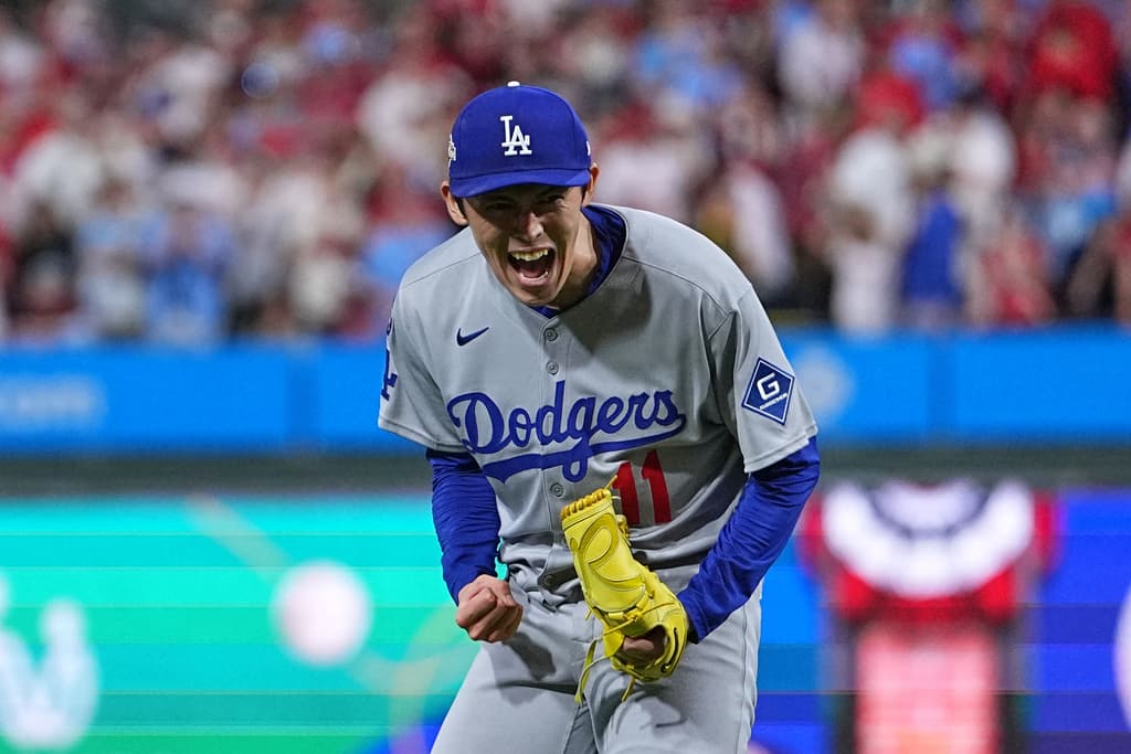 Los Angeles Dodgers pitcher Roki Sasaki reacts after the Dodgers defeated the Philadelphia Phillies in Game 1 of baseball's National League Division Series, Saturday, Oct. 4, 2025, in Philadelphia