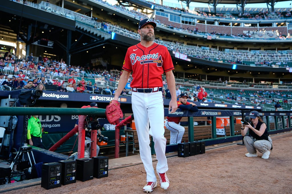 Braves left-hander Chris Sale walks out of the dugout before Game 3 of the National League Division Series.