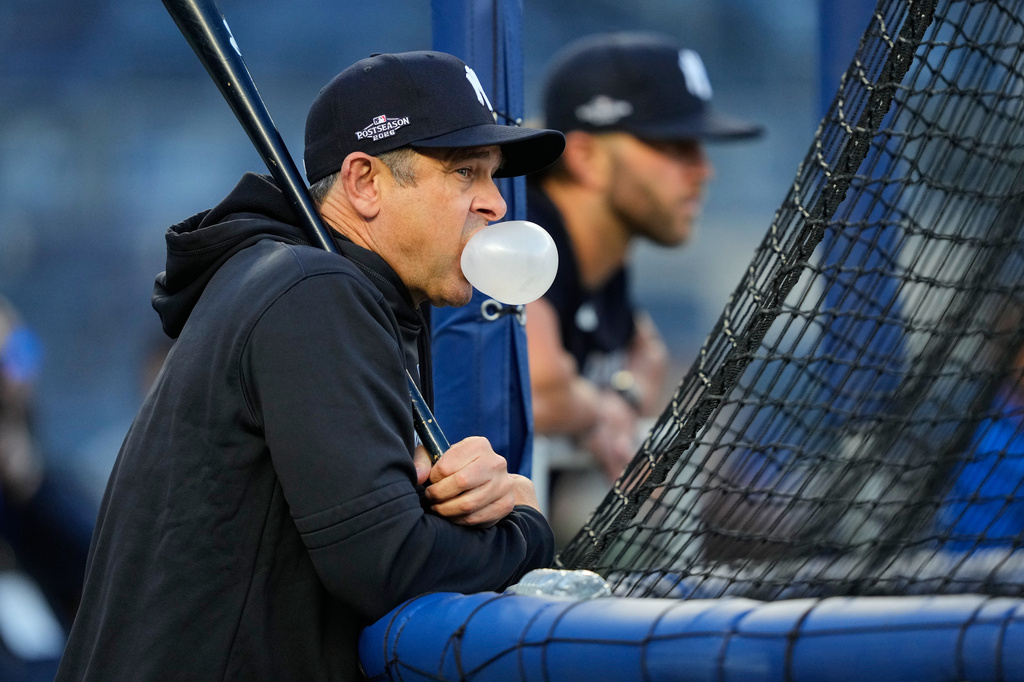 Yankees manager Aaron Boone watches batting practice before Game 3 of the American League Division Series.