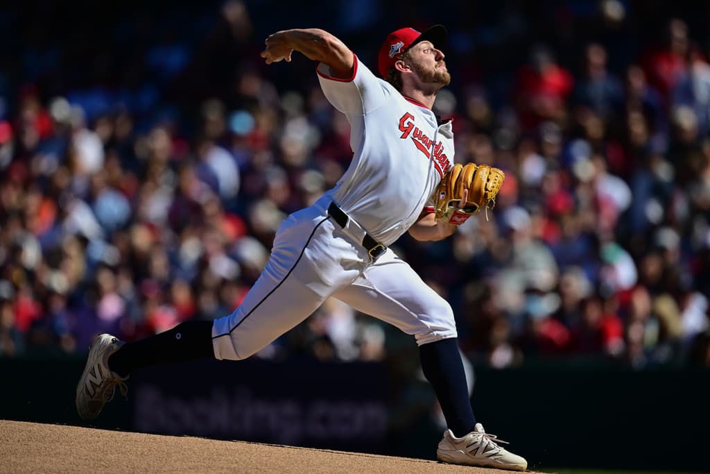 Title: Tigers Guardians BaseballImage ID: 25274627129483 Article: Cleveland Guardians pitcher Tanner Bibee throws in the first inning of Game 2 of the American League Wild Card baseball playoff series against the Detroit Tigers in Cleveland, Wednesday, Oct. 1, 2025. (AP Photo/David Dermer) 