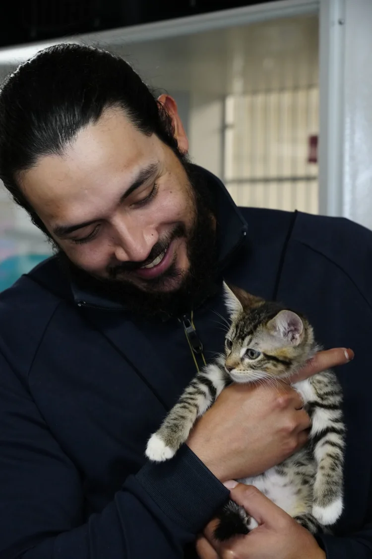 Seattle Mariners pitcher Andrés Muñoz holds a kitten wrapped in a Mariners blanket while visiting Seattle Area Feline Rescue.