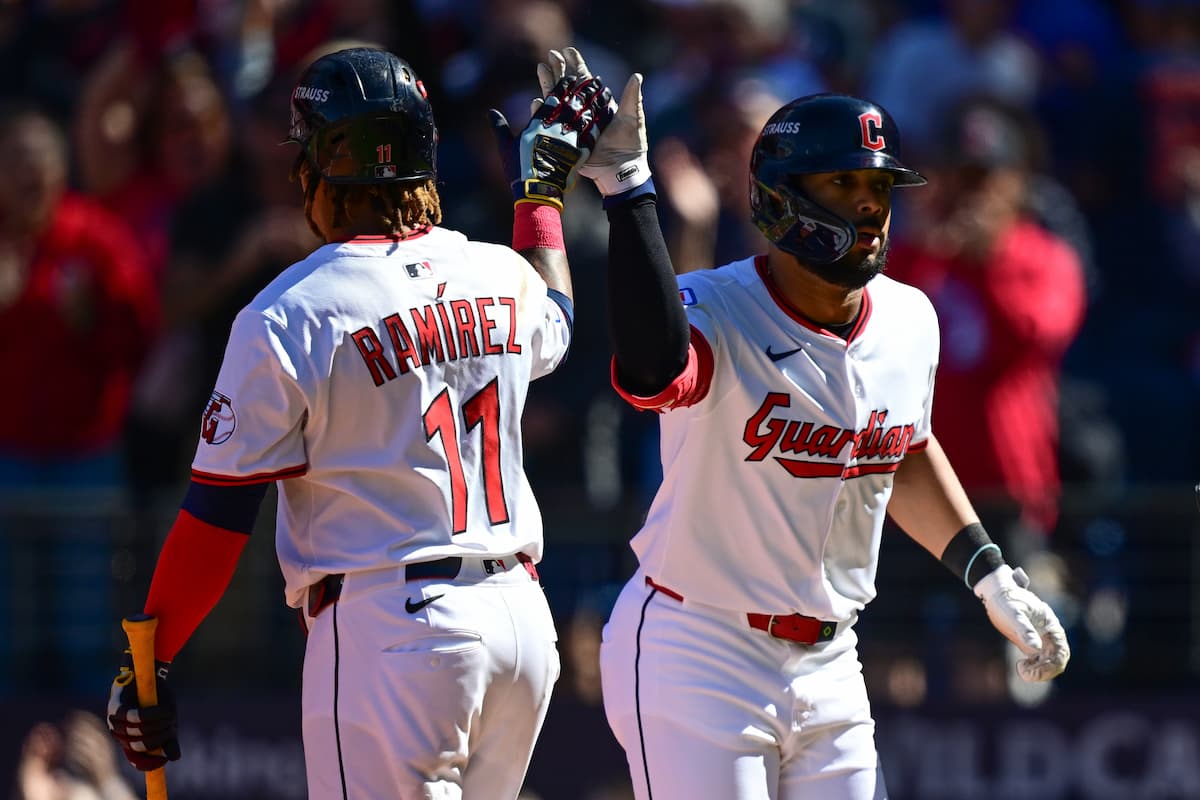 Title: Tigers Guardians BaseballImage ID: 25274641492716 Article: Cleveland Guardians' George Valera, right, celebrates with José Ramírez, left, after hitting a solo home run in the first inning of Game 2 of the American League Wild Card baseball playoff series against the Detroit Tigers in Cleveland, Wednesday, Oct. 1, 2025. (AP Photo/David Dermer) 