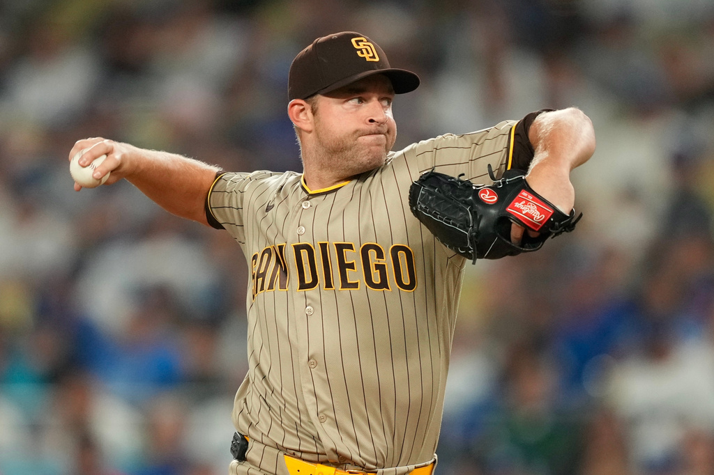 Padres right-hander Michael King delivers a pitch against the Dodgers in September.